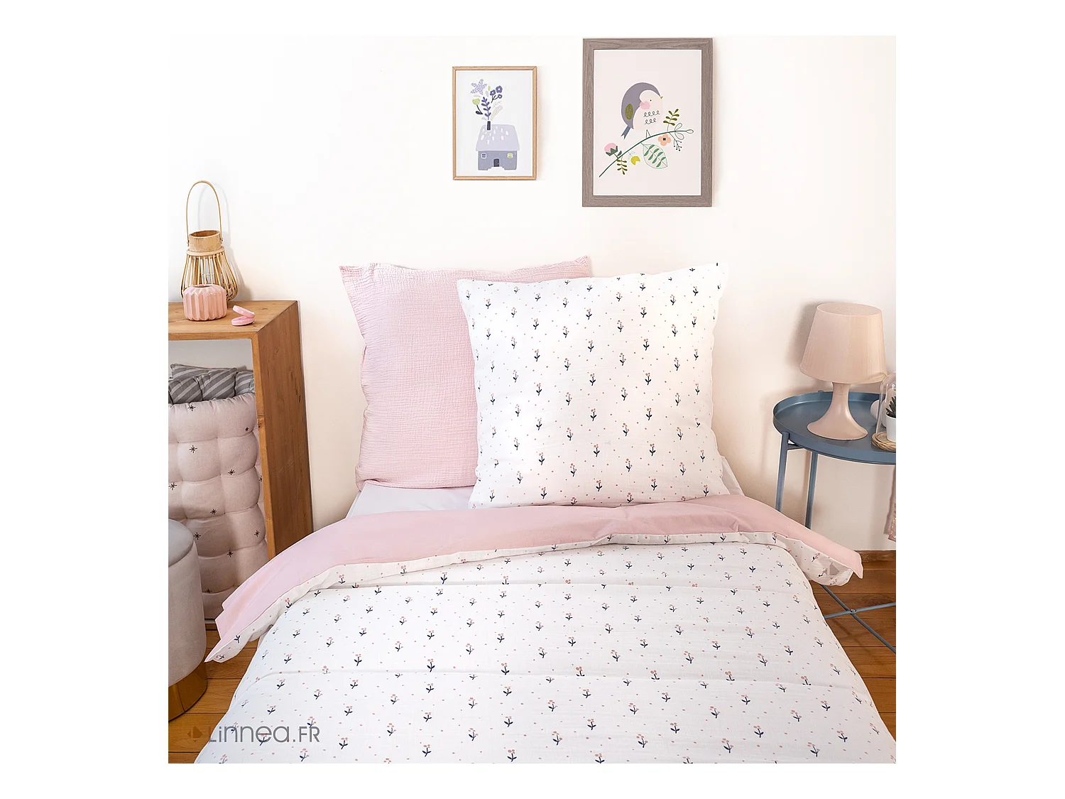 Parure de lit 140x200 cm double gaze de coton FIORI rose 2 pièces