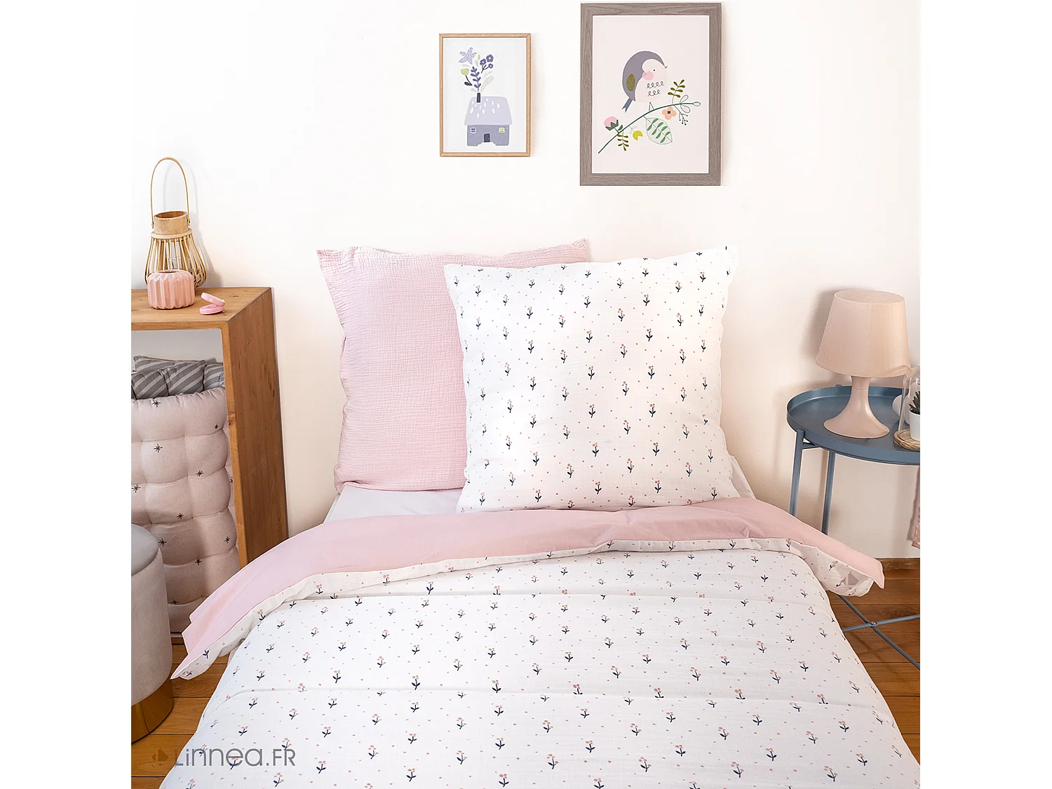 Parure de lit 140x200 cm double gaze de coton FIORI rose 2 pièces