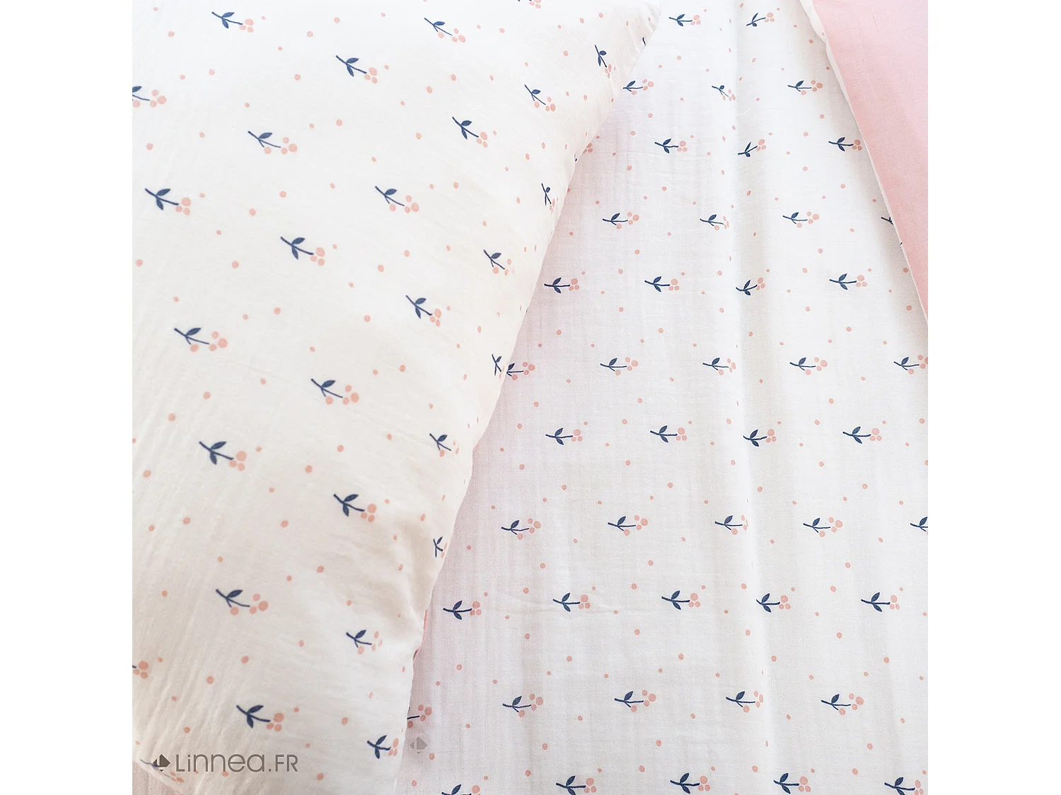 Parure de lit 140x200 cm double gaze de coton FIORI rose 2 pièces