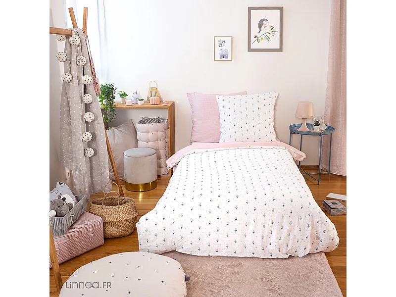 Parure de lit 140x200 cm double gaze de coton FIORI rose 2 pièces