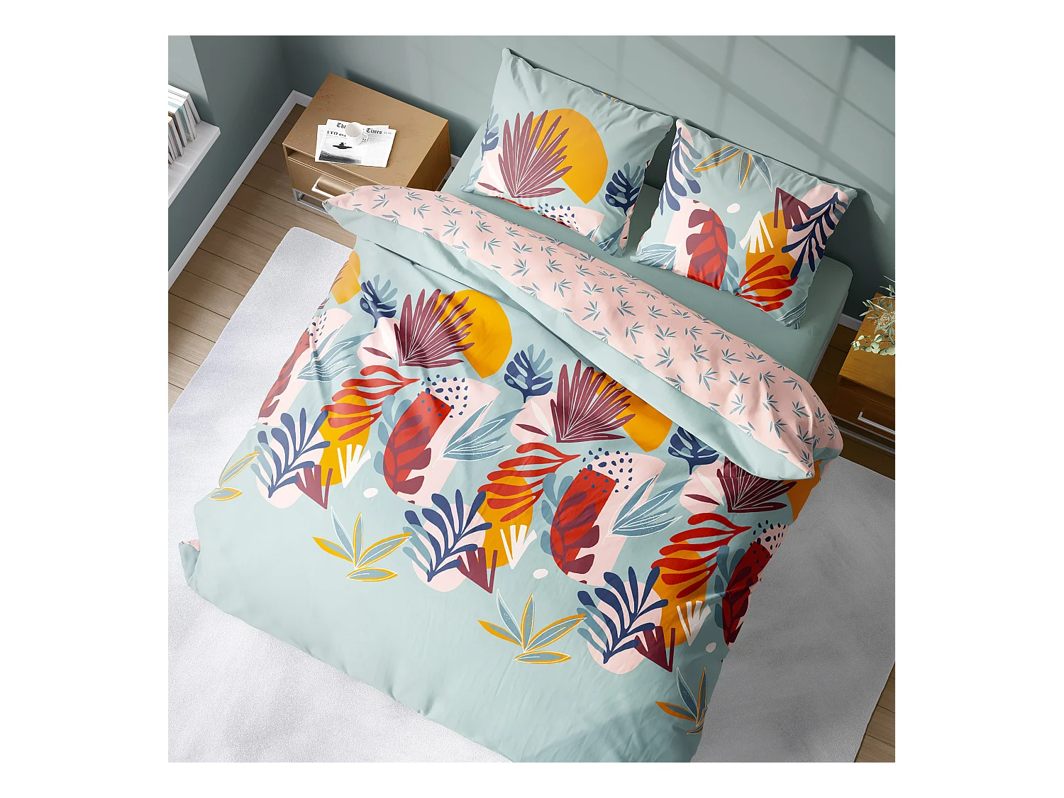 Parure de lit 240x220 cm coton MATTY Bleu 3 pièces