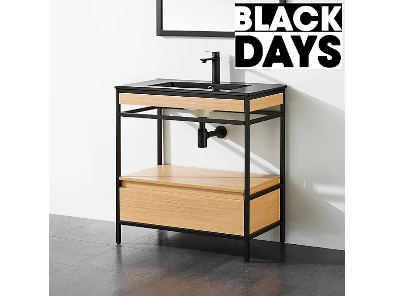 Meuble salle de bain UNIK largeur 80 cm en métal noir avec vasque céramique noire