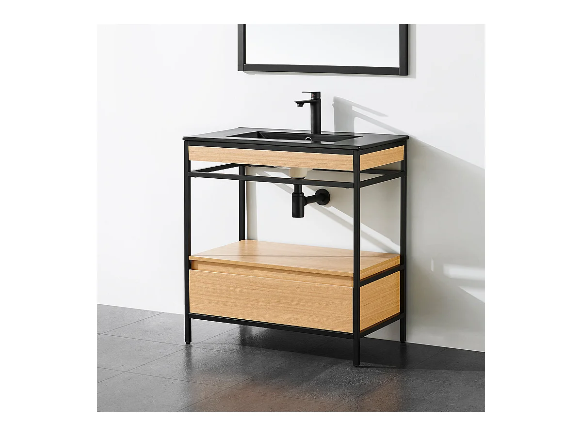 Meuble salle de bain UNIK largeur 80 cm en métal noir avec vasque céramique noire