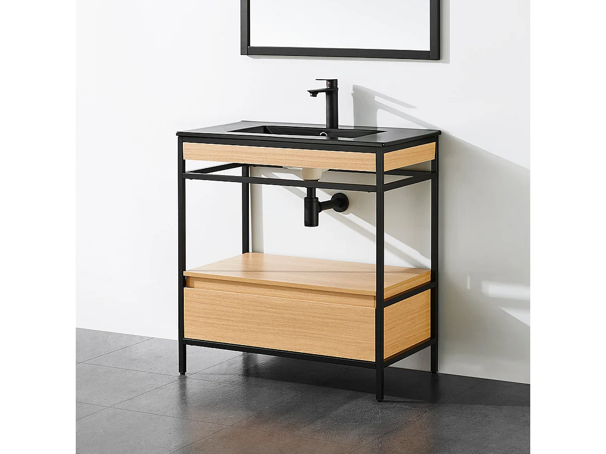 Meuble salle de bain UNIK largeur 80 cm en métal noir avec vasque céramique noire