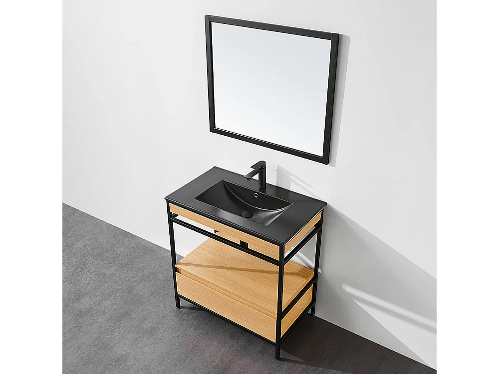 Meuble salle de bain UNIK largeur 80 cm en métal noir avec vasque céramique noire