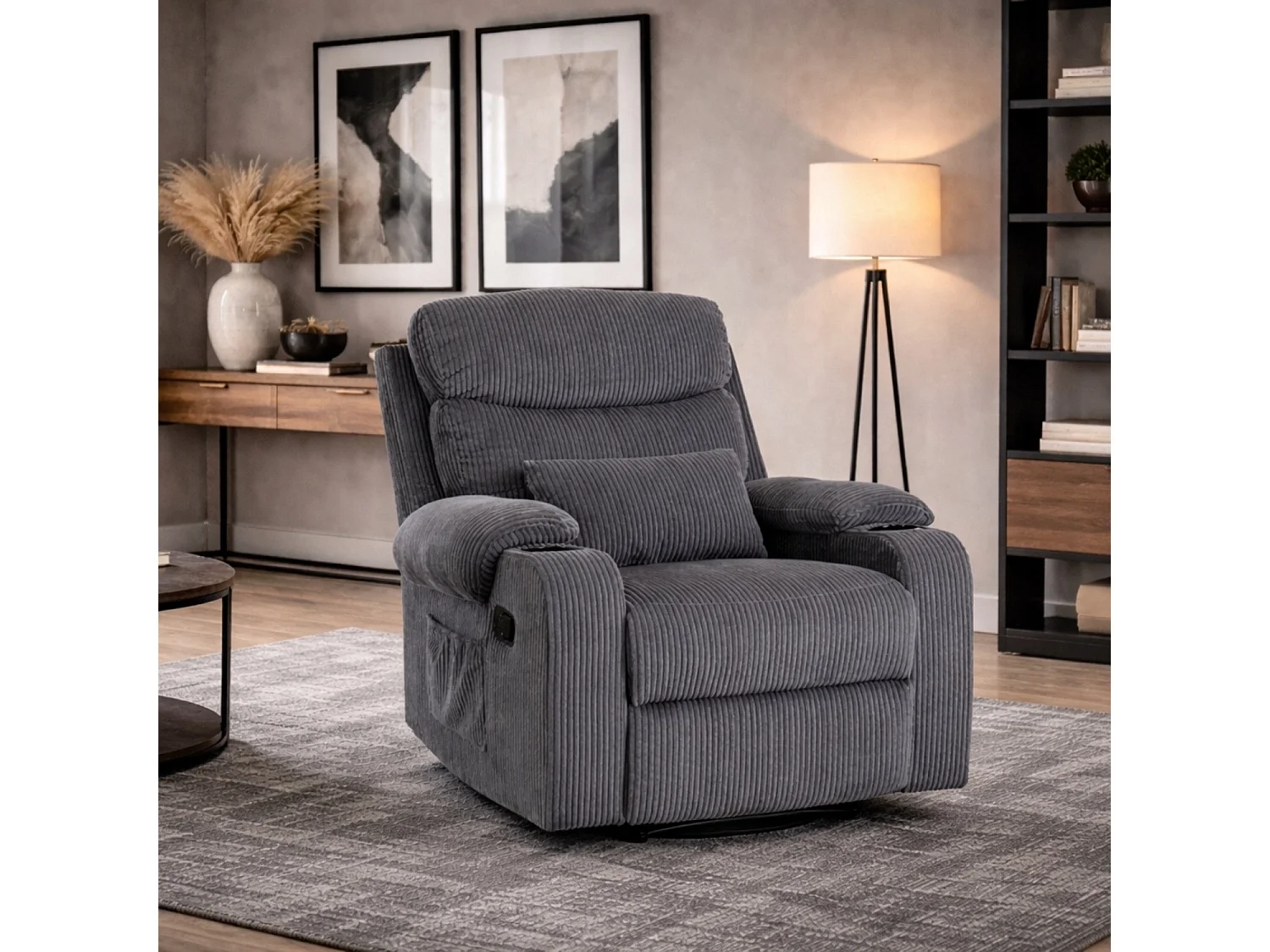 Fauteuil lounge TORRES en velours côtelé gris