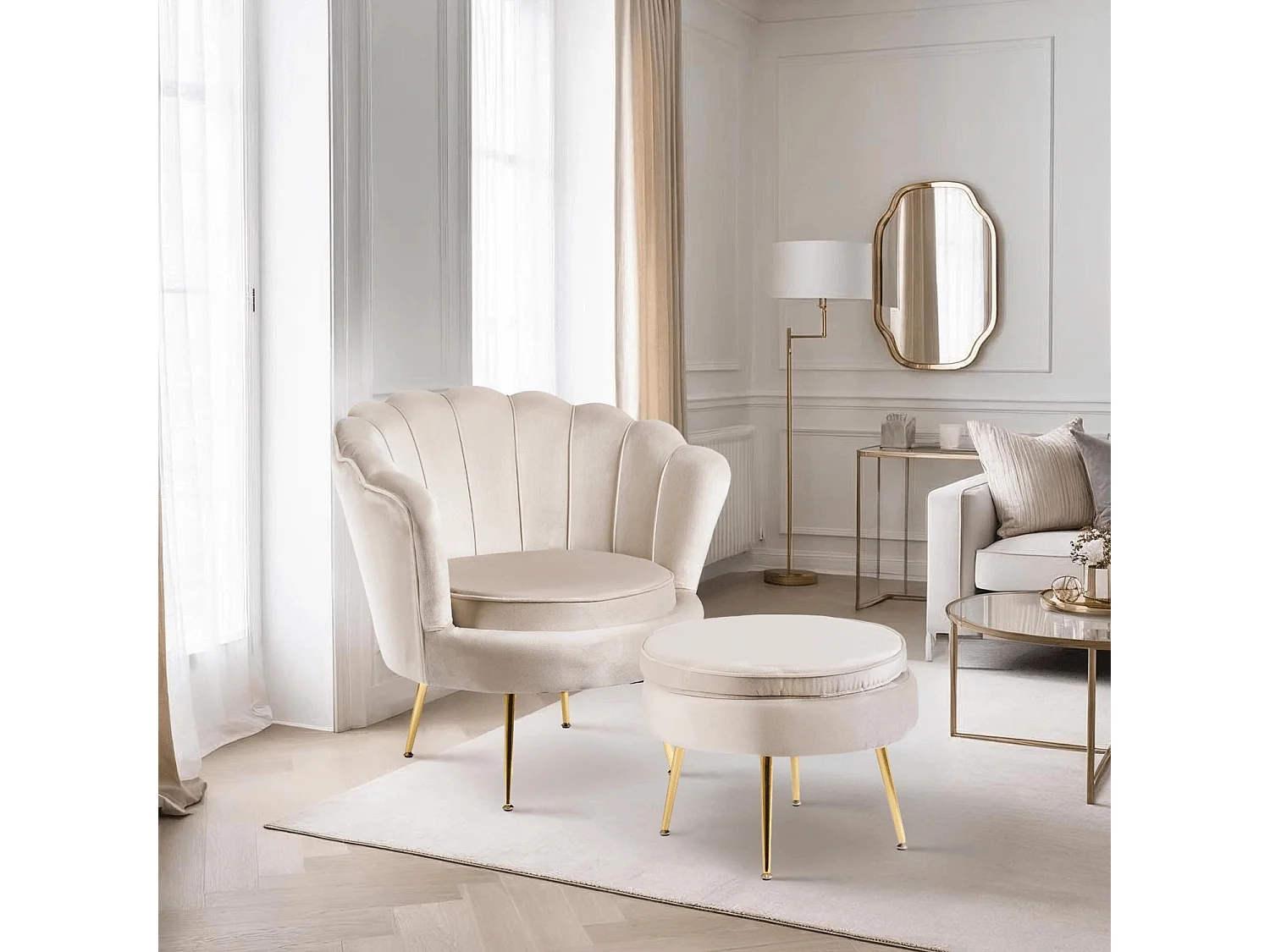 POLTRONA GRAND CON POGGIAPIEDI IN VELLUTO CREMA