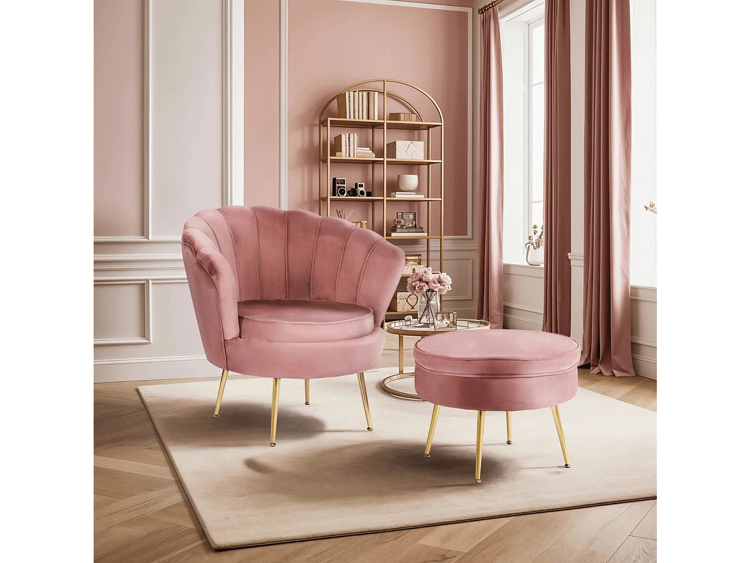 SILLÓN DE GRAN TAMAÑO CON TABURETE DE TERCIOPELO ROSA