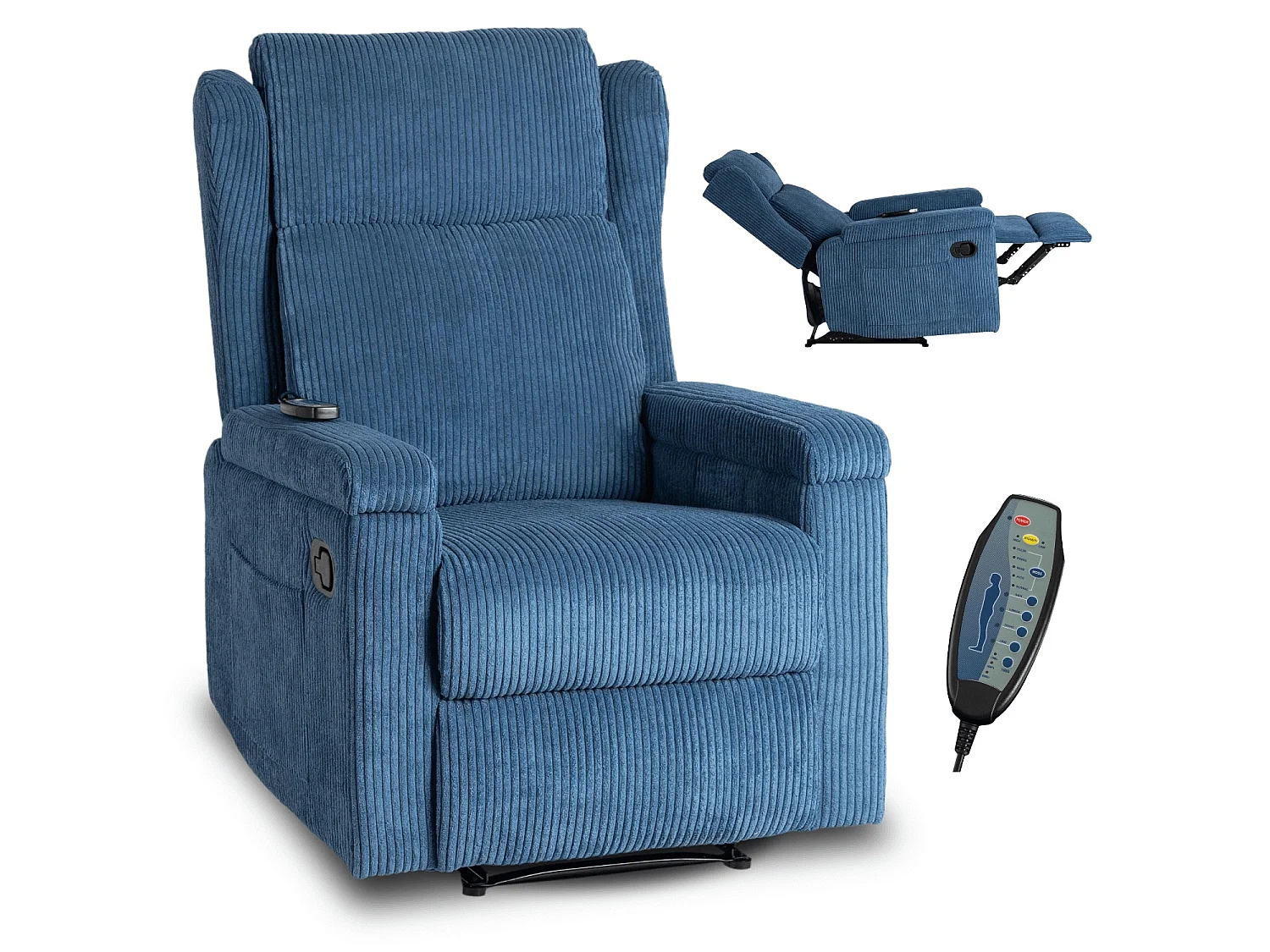 Fauteuil de massage relaxant SEBASTIAN Velours côtelé bleu marine