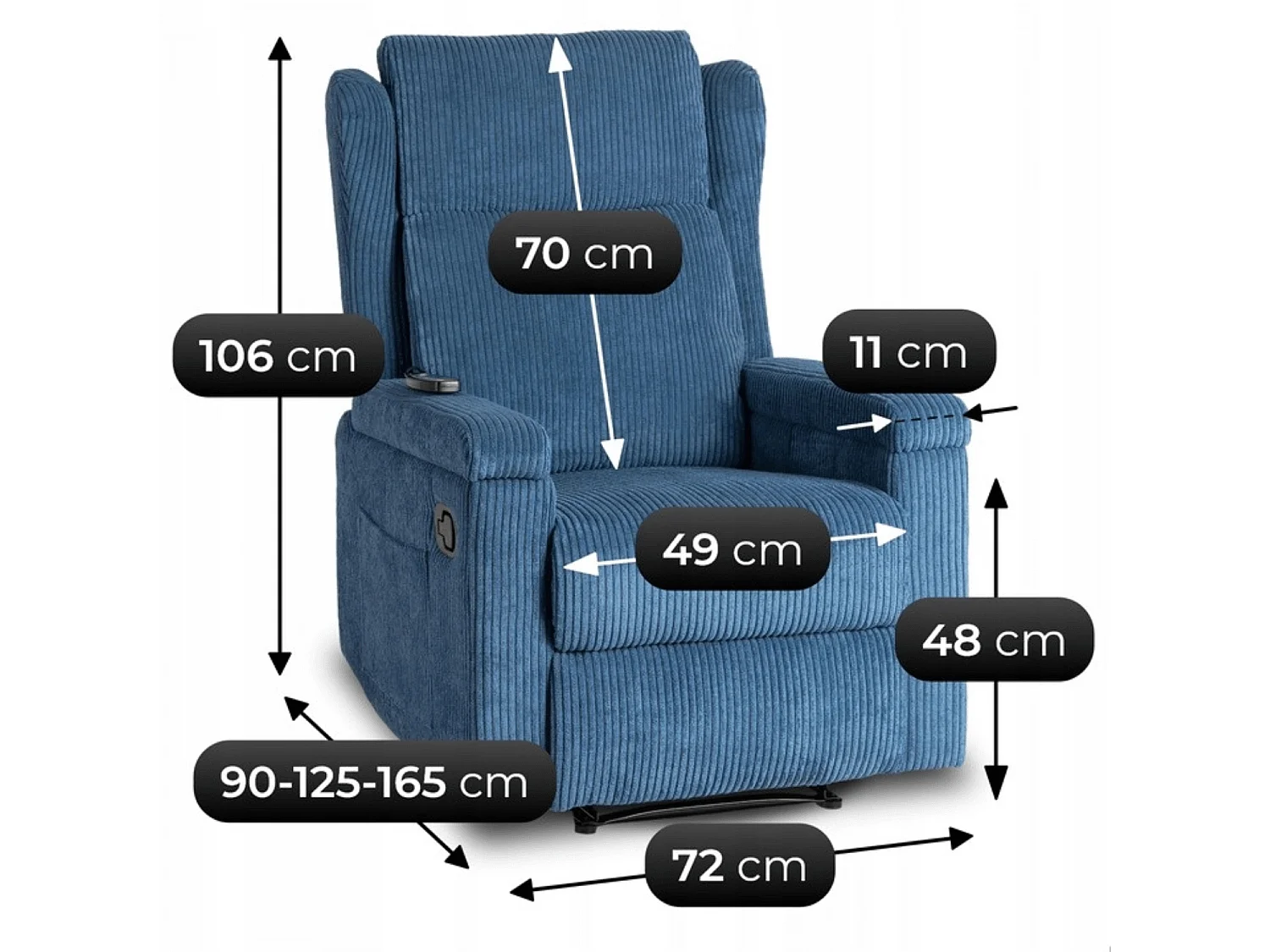 Fauteuil de massage relaxant SEBASTIAN Velours côtelé bleu marine
