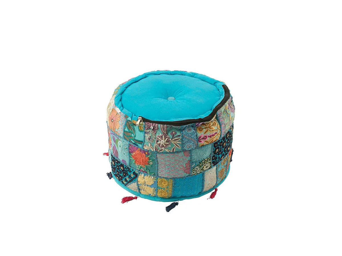 Pouf Rond Motifs "Mexican Fiesta" 40cm Bleu