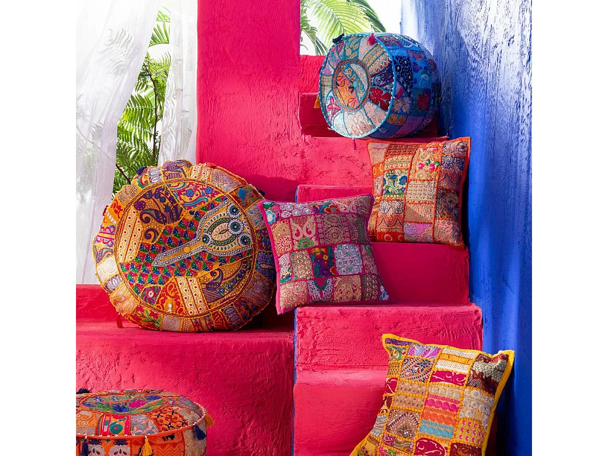 Pouf Rond Motifs "Mexican Fiesta" 40cm Bleu