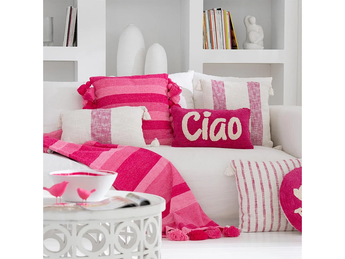 Coussin Déco à Pompons "Polly" 50x50cm Rose