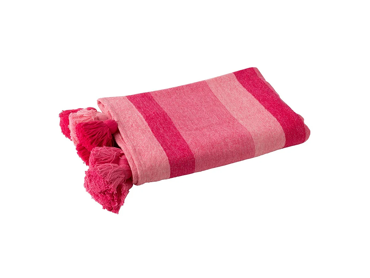 Plaid Rayé à Pompons "Polly" 130x180cm Rose