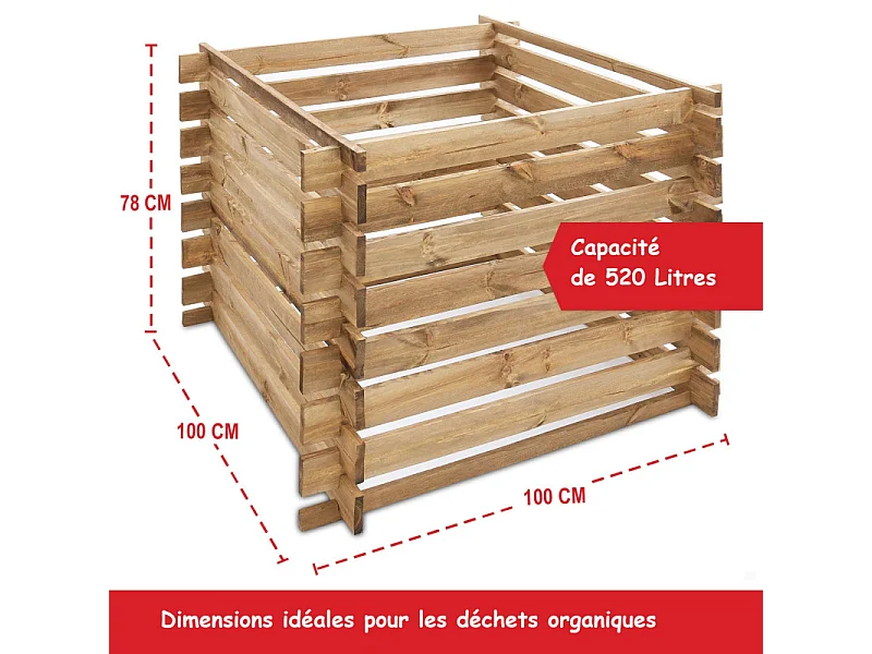 Composteur en bois 100x100x78cm robuste et stable 520L