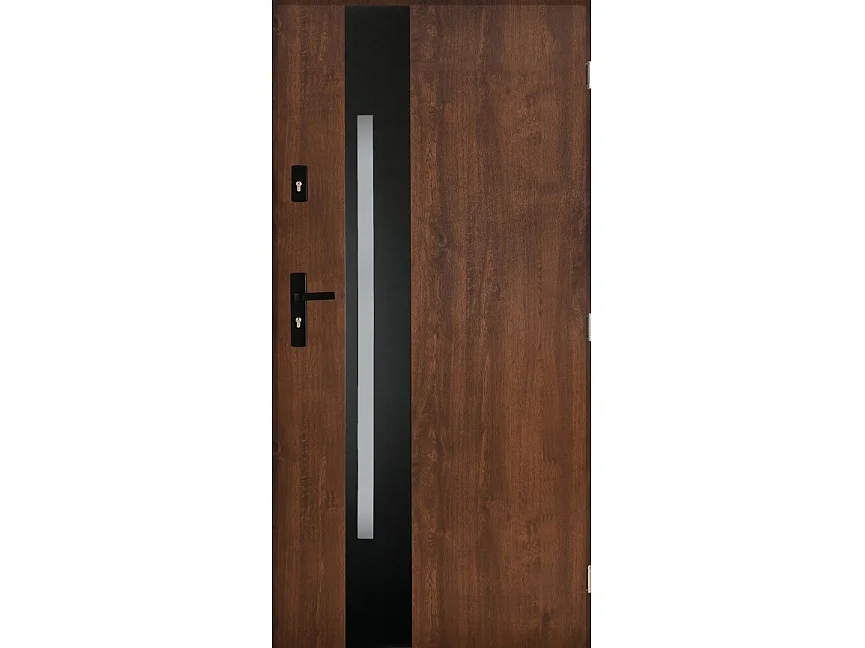 Porte d'entrée TANGO V 90 cm en acier inoxydable - Couleur: Noyer - Poignée et serrure : Avec - Tirant: Droit