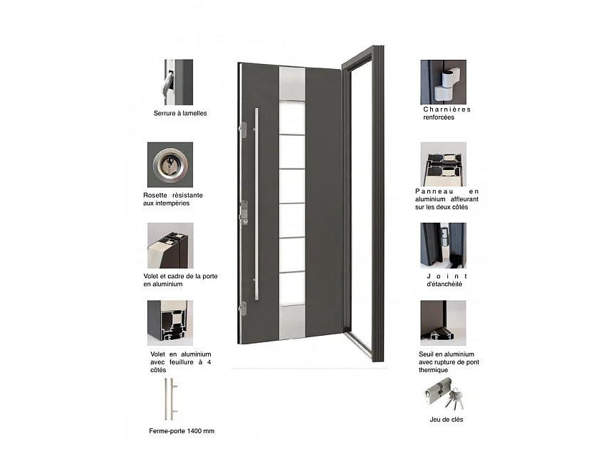 Porte d'entrée en aluminium PASSIVE ALU F1 90 cm anthracite - Poussant: Droit