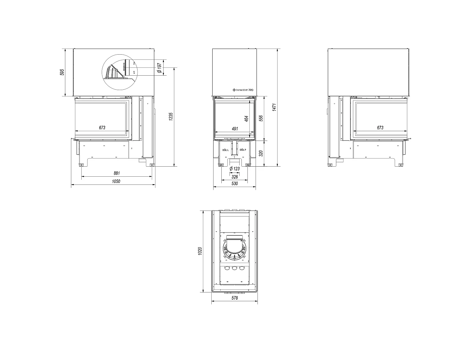 Insert cheminée NBU 11 3 côtés vitrés ouverture relevable + 3 bouches recuperateur