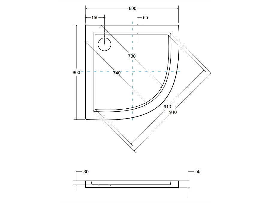 Receveur de douche extra-plat ARON SLIMLINE semi-circulaire 80x80 cm et 90x90 cm blanc - Dimensions: 80x80 cm