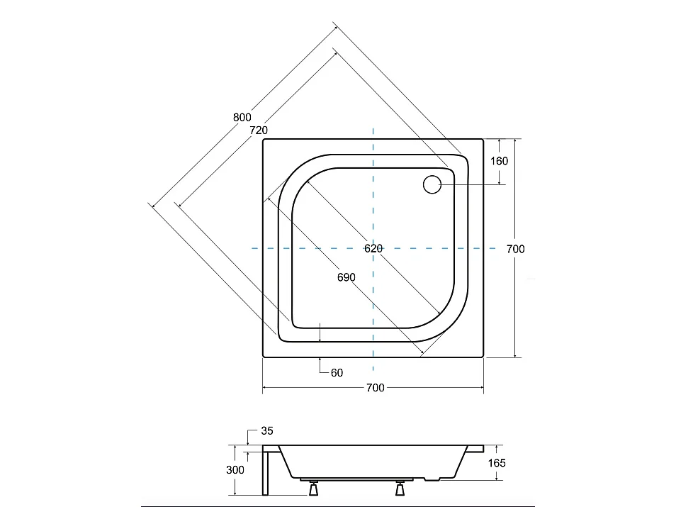Receveur de douche ARES carré 70x70-80x80-90x90 cm blanc - Dimensions: 70 x 70 cm
