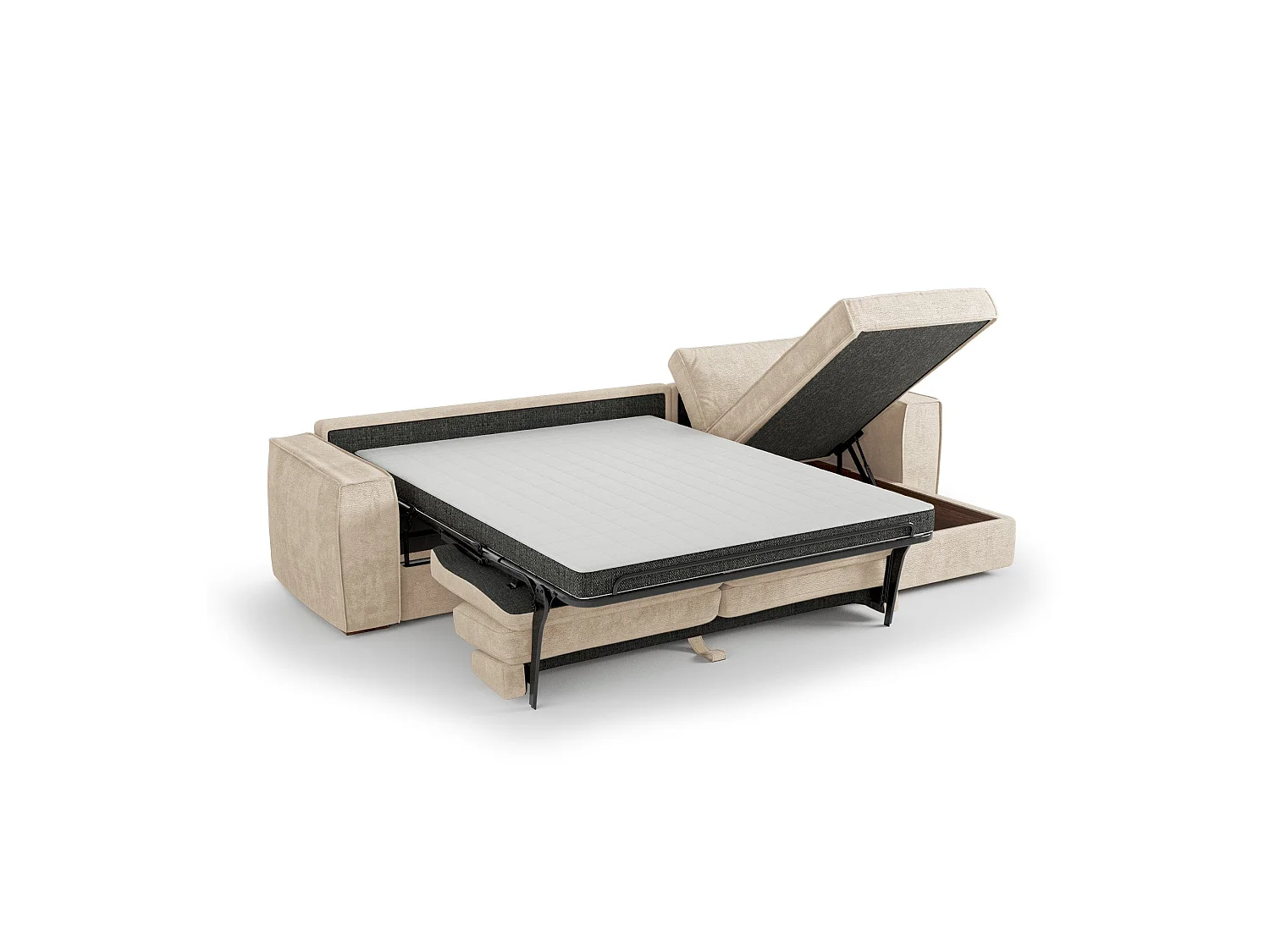 Canapé d'angle droit convertible 5 places MIKA en tissu tramé toucher doux beige