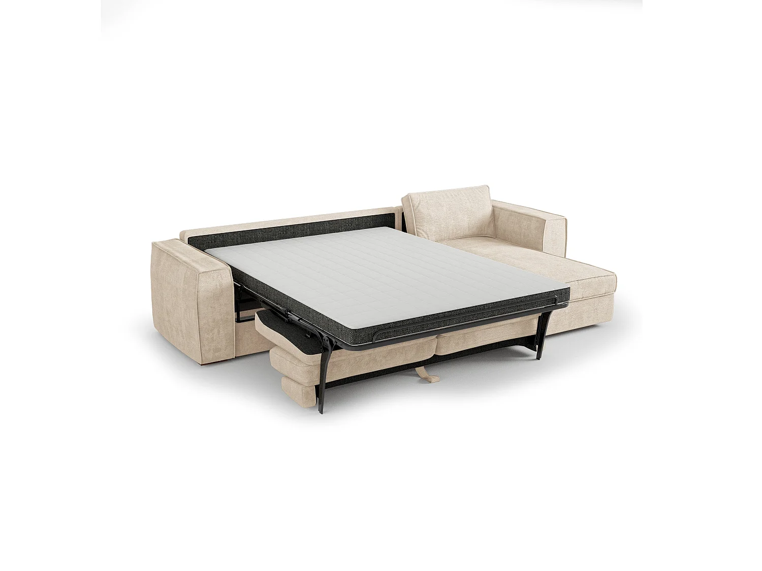 Canapé d'angle droit convertible 5 places MIKA en tissu tramé toucher doux beige