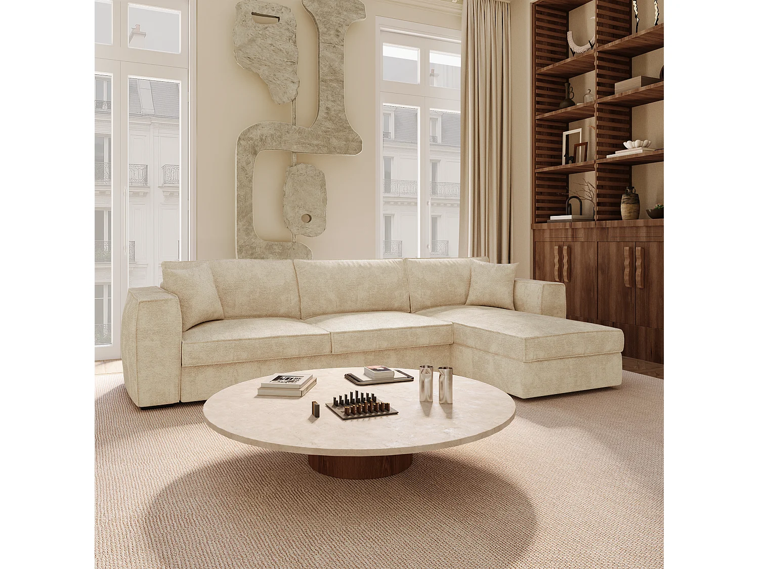 Canapé d'angle droit convertible 5 places MIKA en tissu tramé toucher doux beige