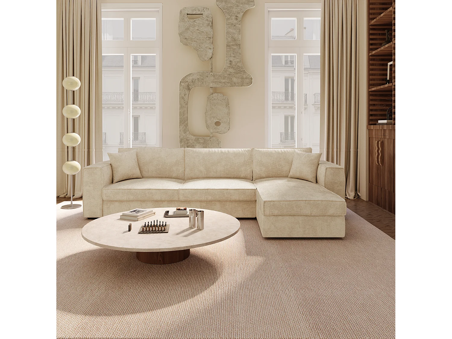 Canapé d'angle droit convertible 5 places MIKA en tissu tramé toucher doux beige