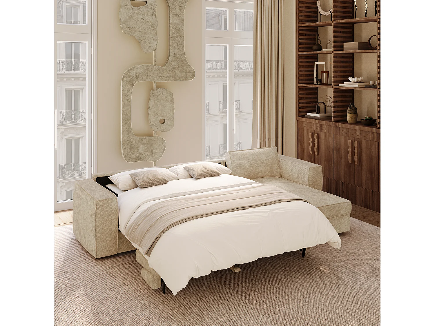 Canapé d'angle droit convertible 5 places MIKA en tissu tramé toucher doux beige