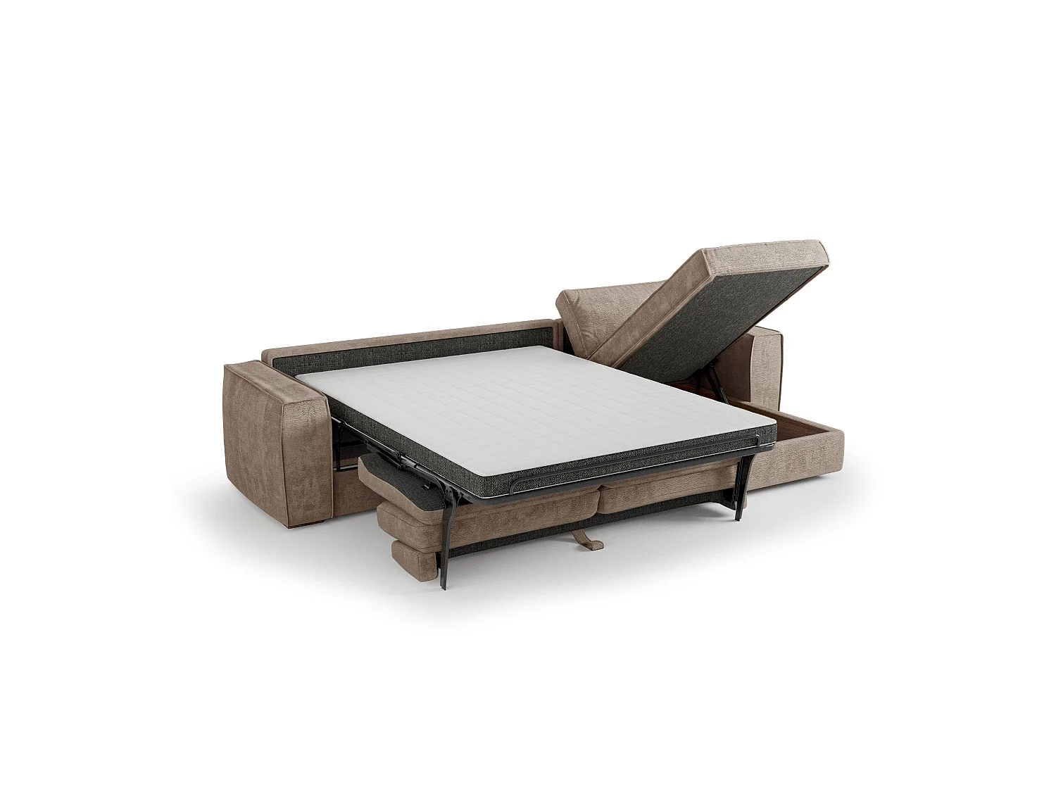Canapé d'angle droit convertible 5 places MIKA en tissu tramé toucher doux taupe