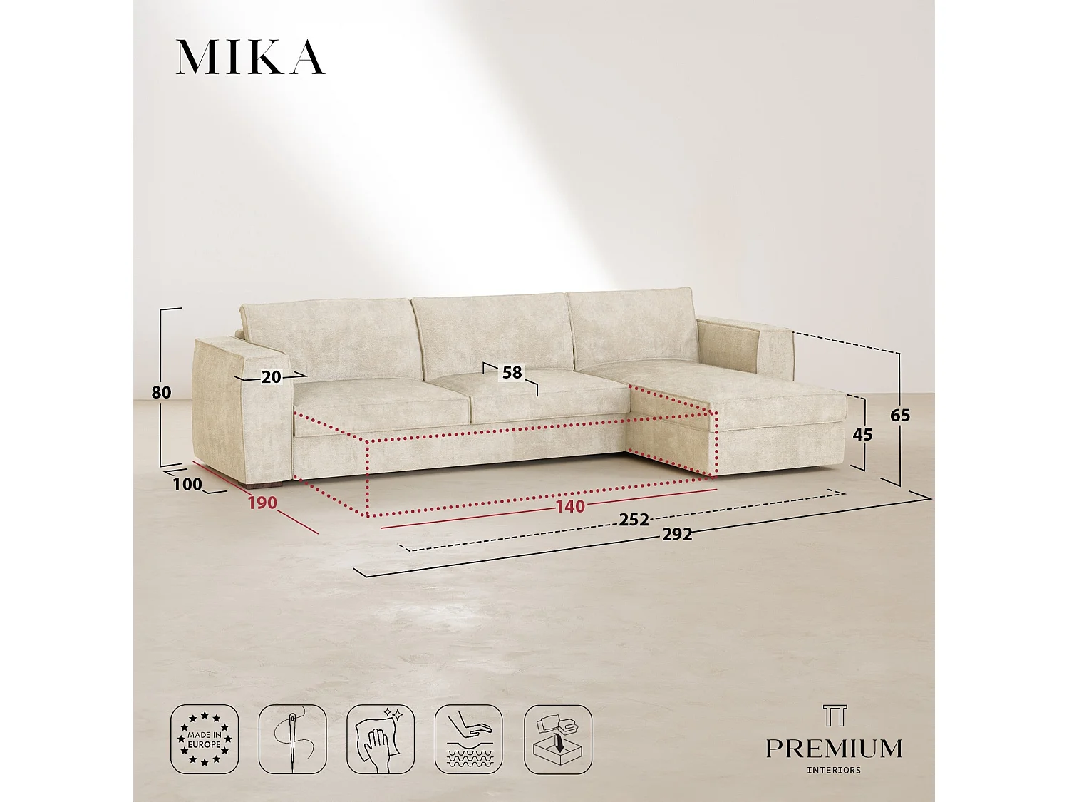 Canapé d'angle droit convertible 5 places MIKA en tissu tramé toucher doux taupe
