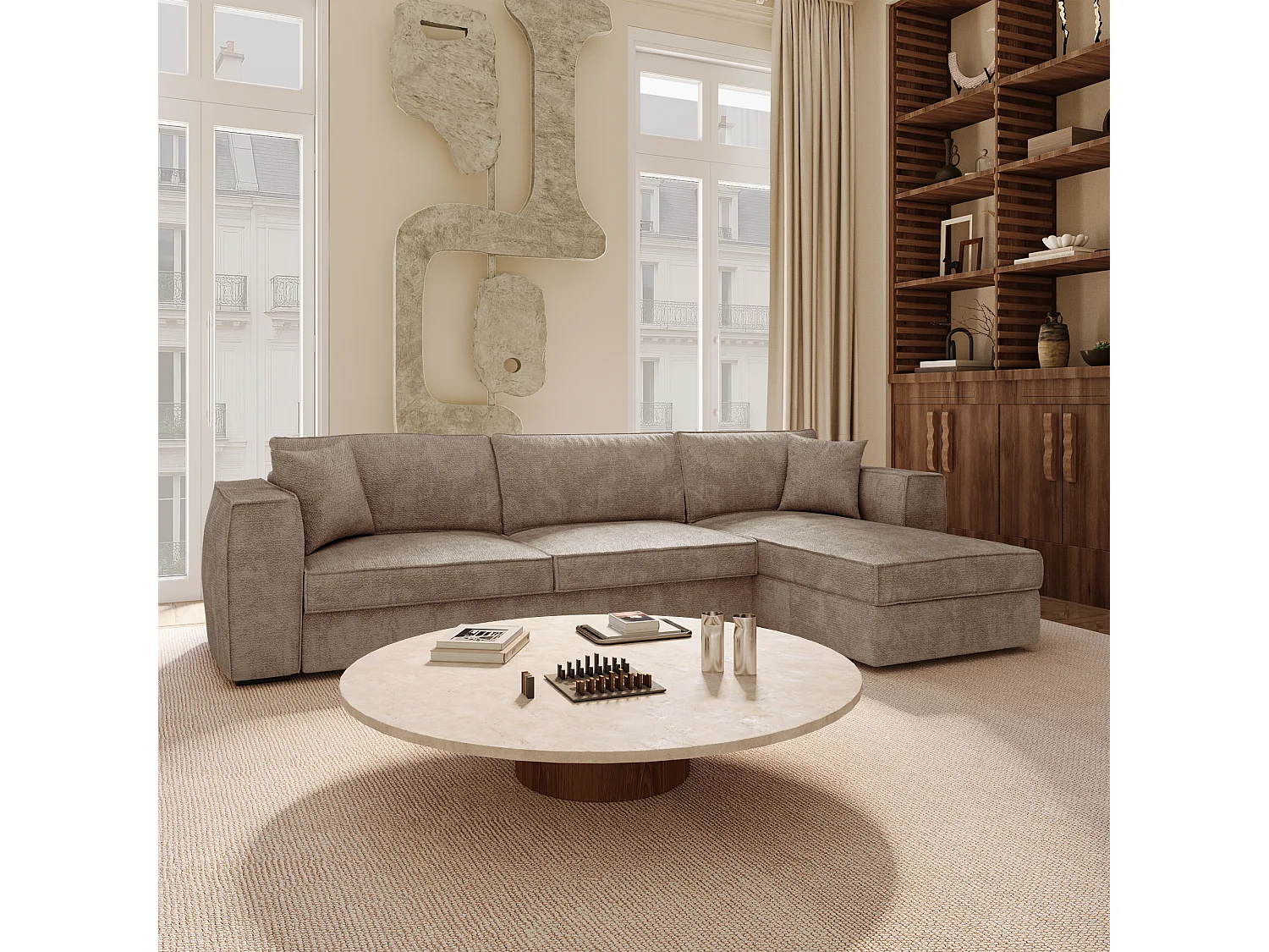 Canapé d'angle droit convertible 5 places MIKA en tissu tramé toucher doux taupe