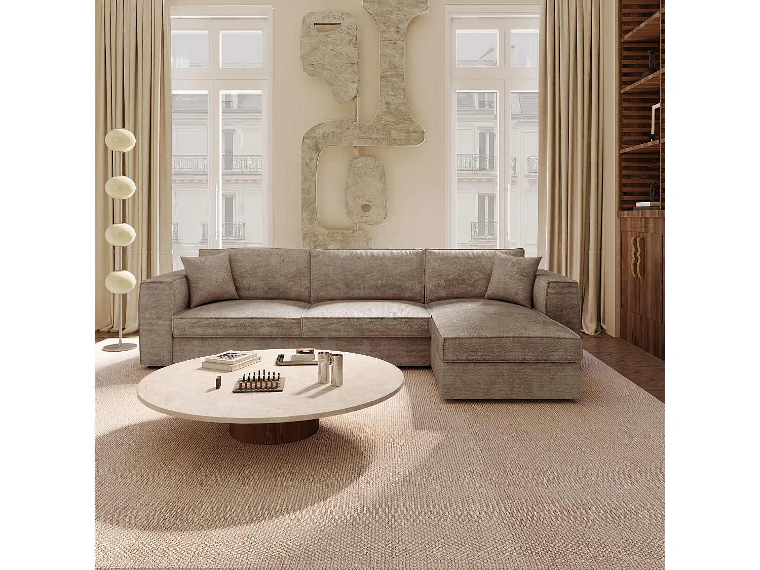 Canapé d'angle droit convertible 5 places MIKA en tissu tramé toucher doux taupe