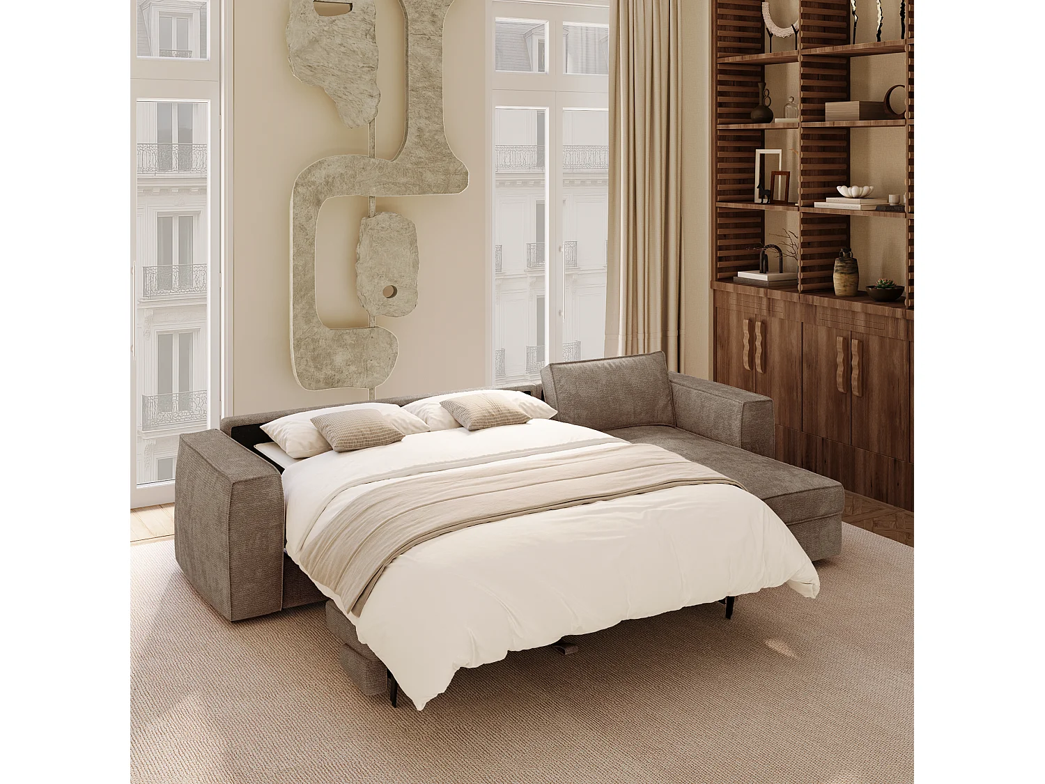 Canapé d'angle droit convertible 5 places MIKA en tissu tramé toucher doux taupe