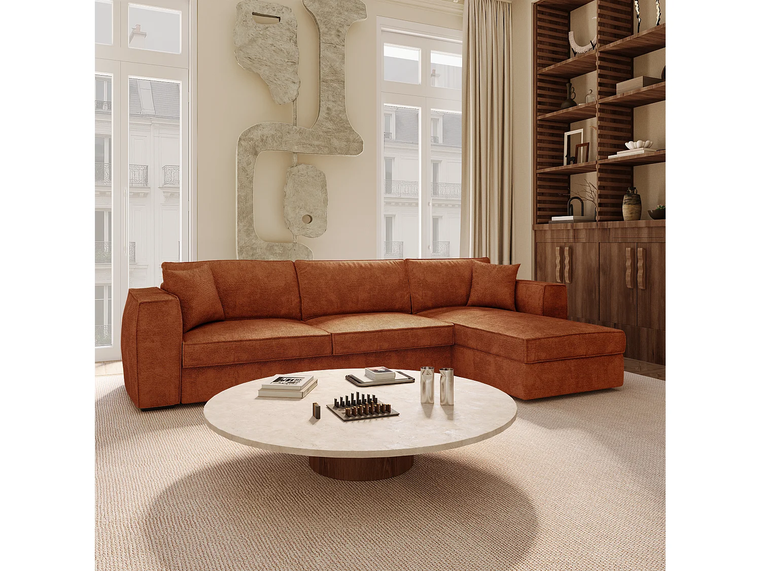 Canapé d'angle droit convertible 5 places MIKA en tissu tramé toucher doux terracotta
