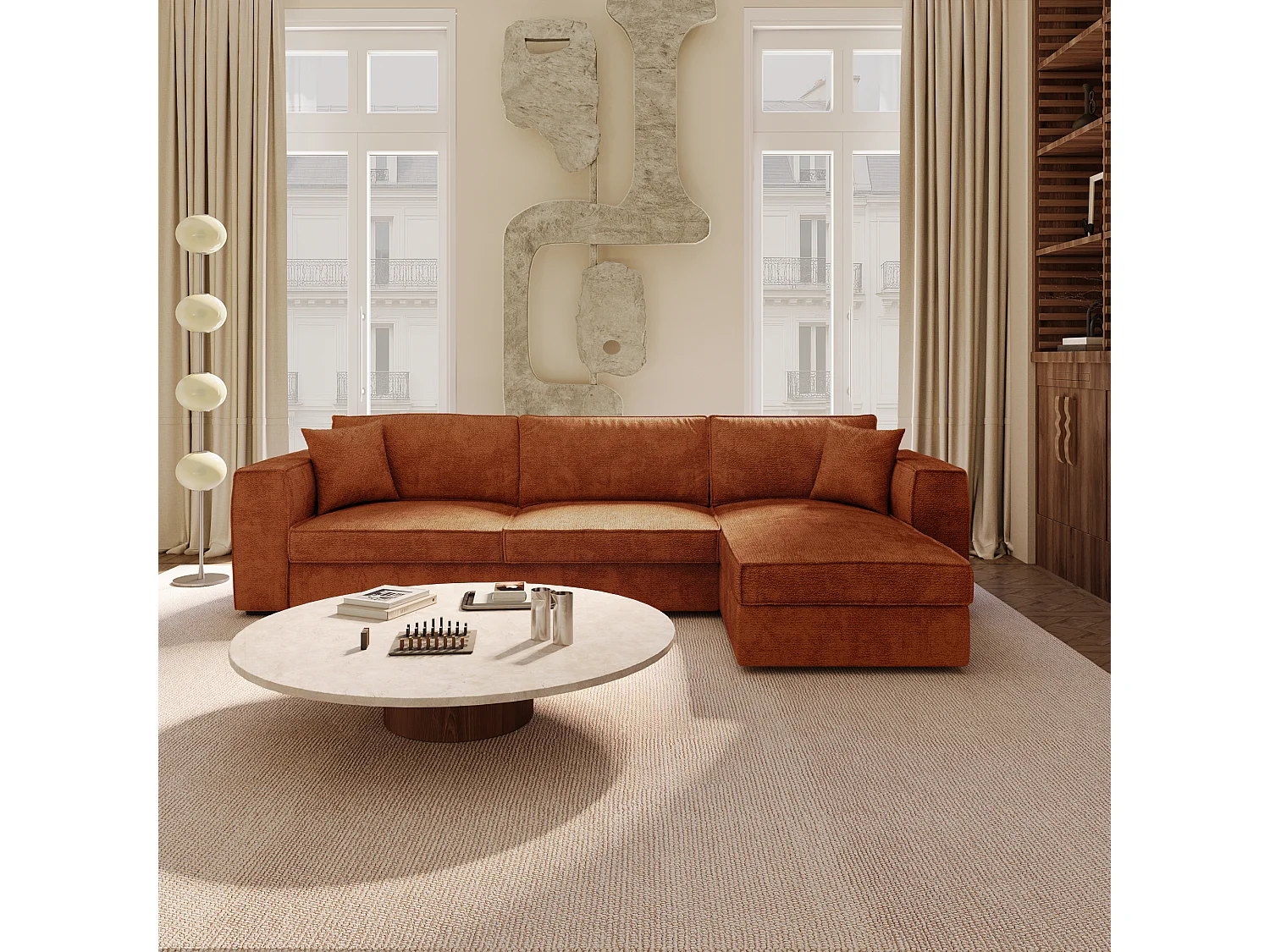 Canapé d'angle droit convertible 5 places MIKA en tissu tramé toucher doux terracotta
