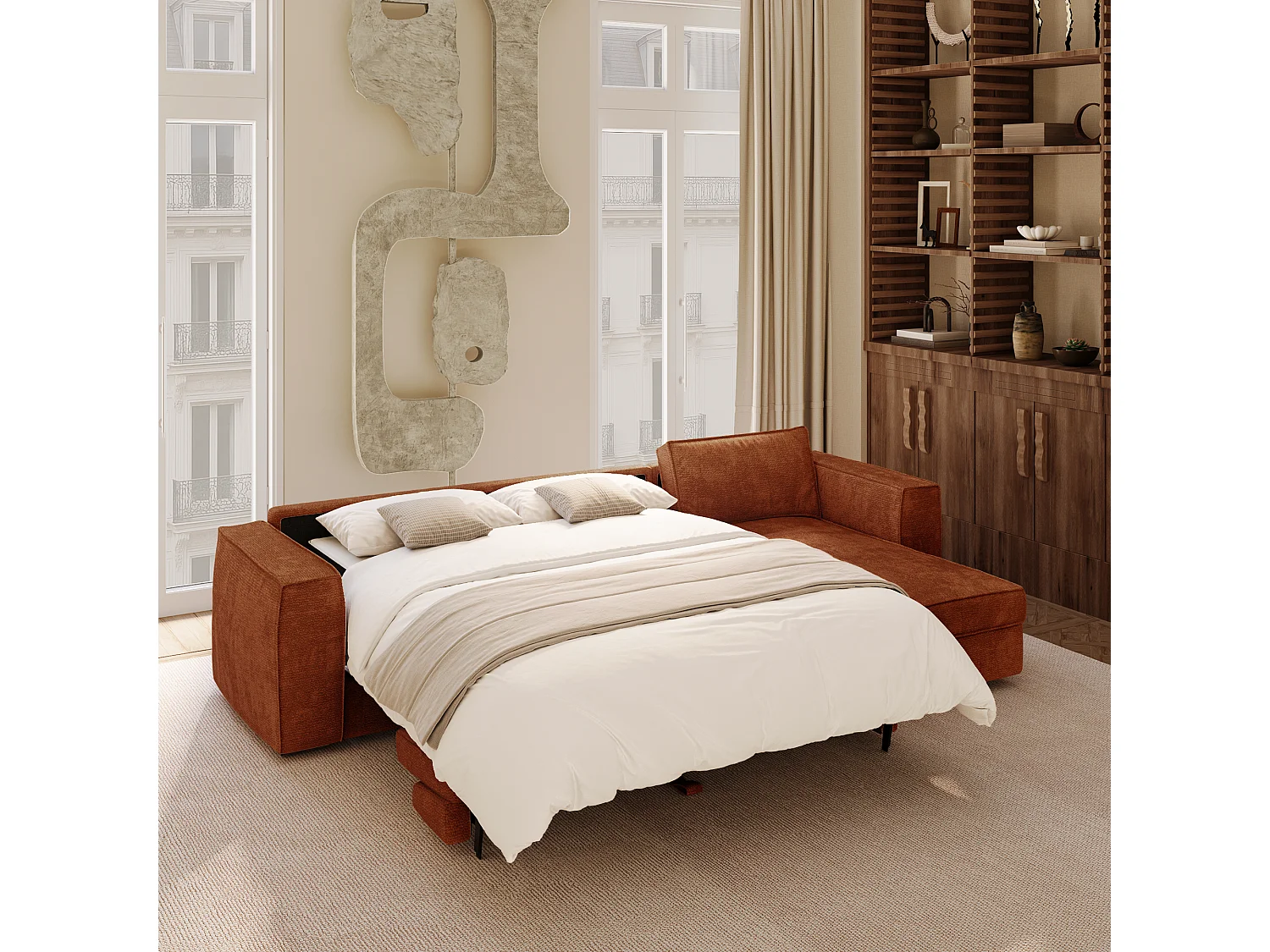 Canapé d'angle droit convertible 5 places MIKA en tissu tramé toucher doux terracotta