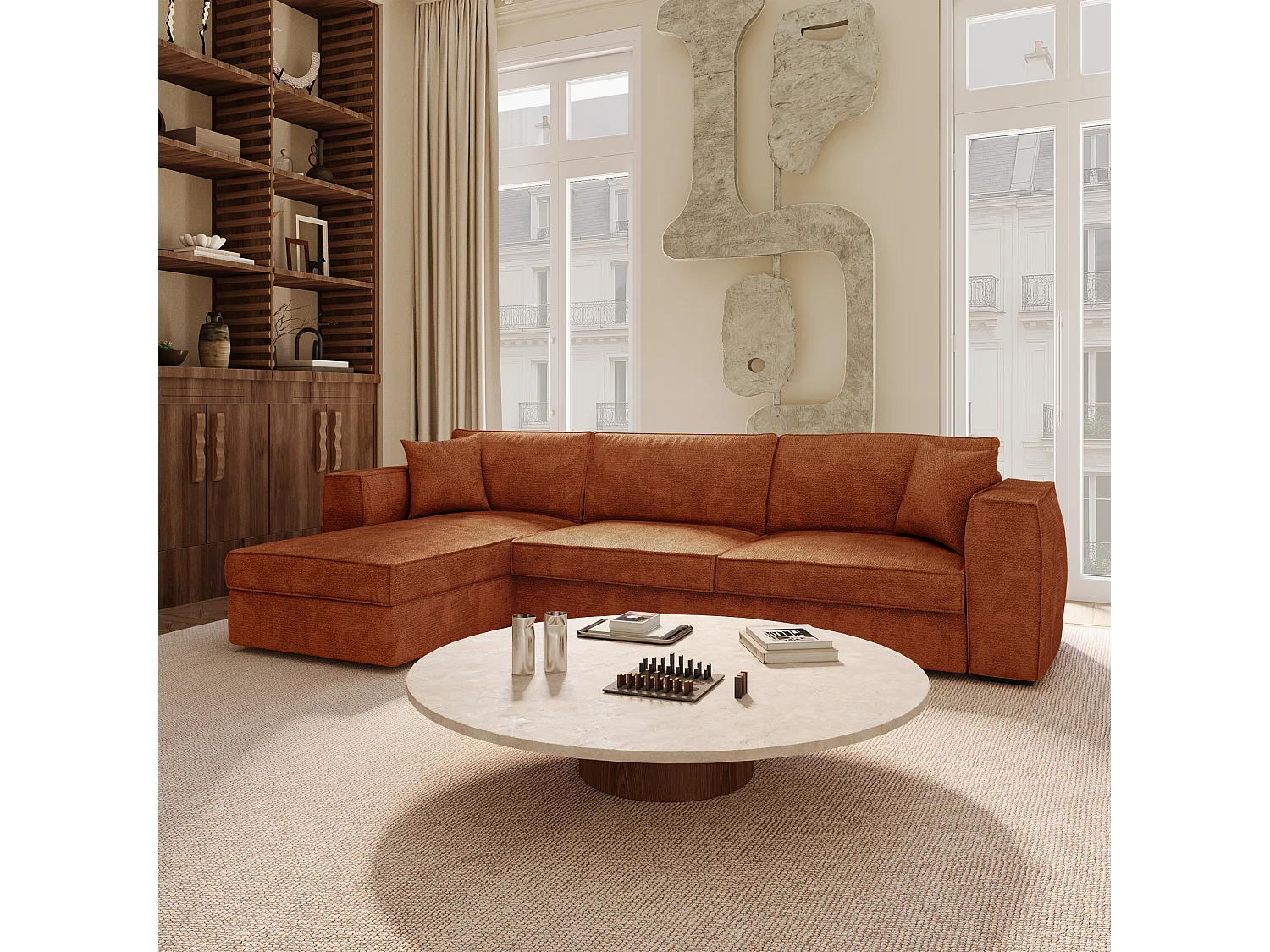 Canapé d'angle gauche convertible 5 places MIKA en tissu tramé toucher doux terracotta
