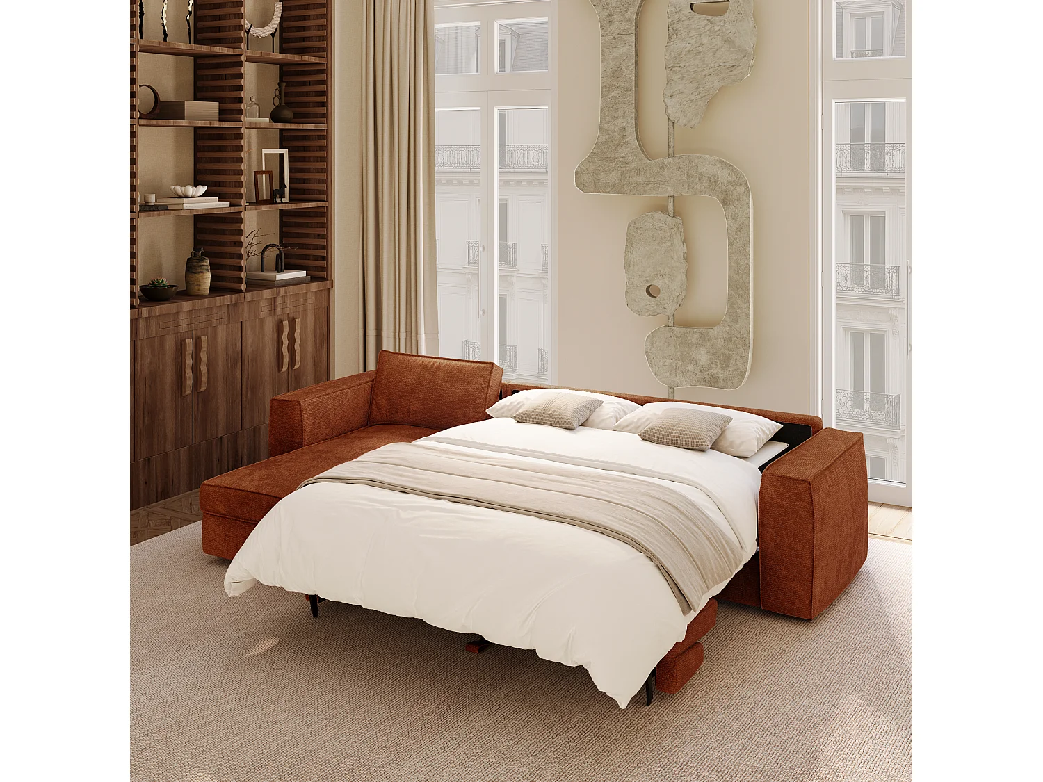 Canapé d'angle gauche convertible 5 places MIKA en tissu tramé toucher doux terracotta