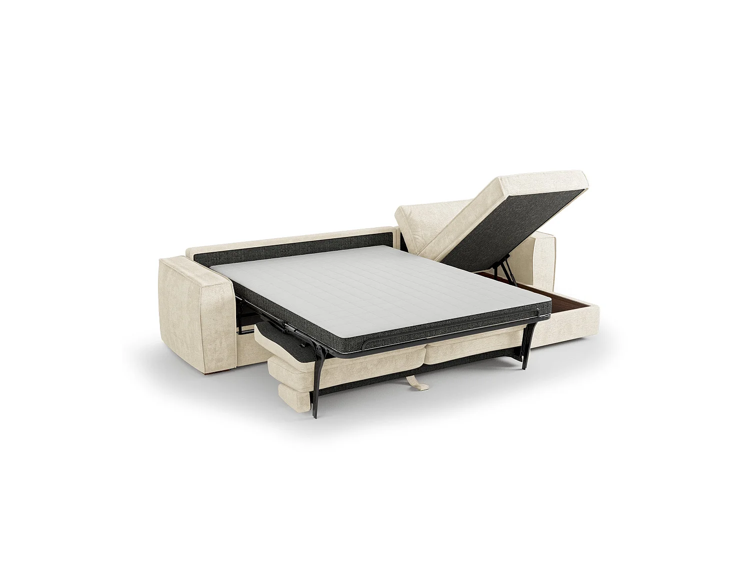 Canapé d'angle droit convertible 5 places MIKA en tissu tramé toucher doux crème
