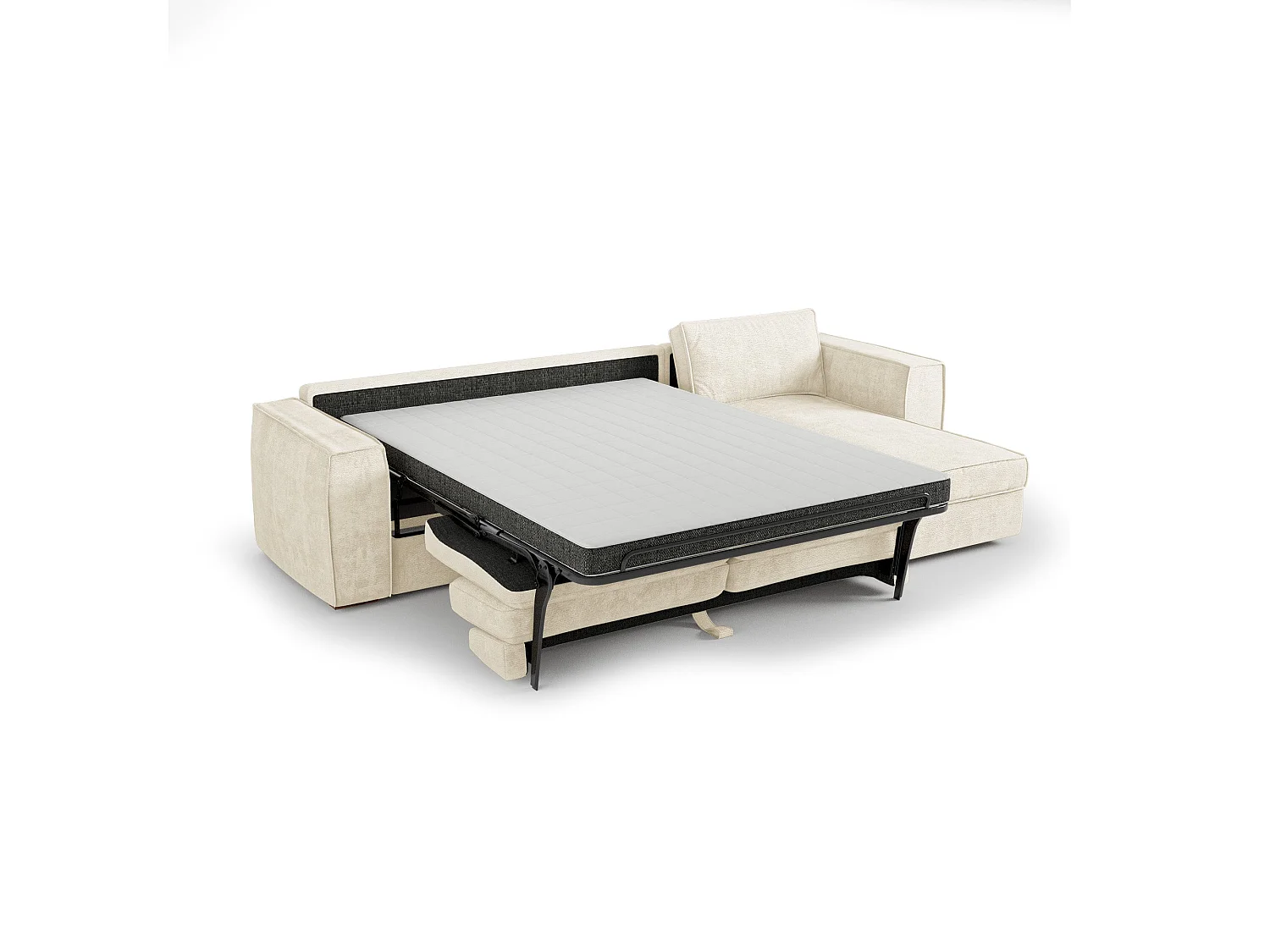 Canapé d'angle droit convertible 5 places MIKA en tissu tramé toucher doux crème
