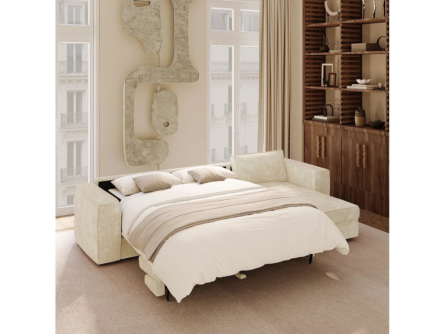 Canapé d'angle droit convertible 5 places MIKA en tissu tramé toucher doux crème