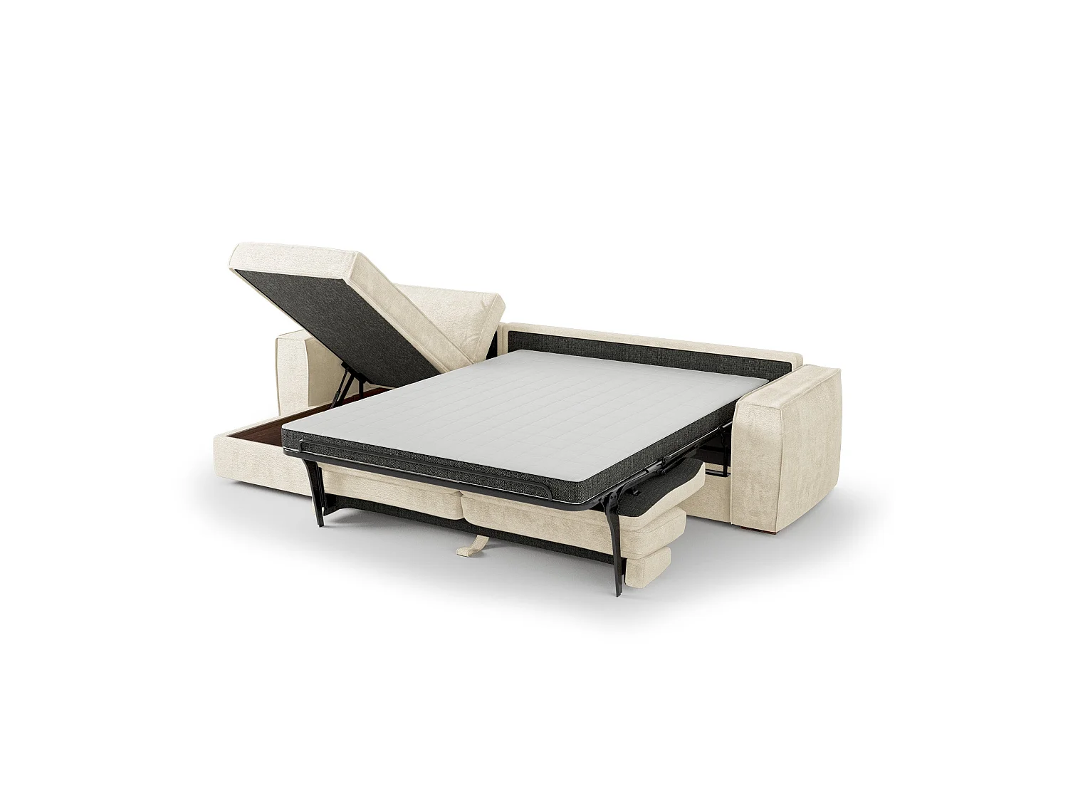 Canapé d'angle gauche convertible 5 places MIKA en tissu tramé toucher doux crème