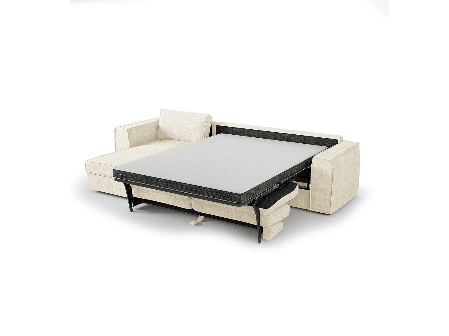 Canapé d'angle gauche convertible 5 places MIKA en tissu tramé toucher doux crème