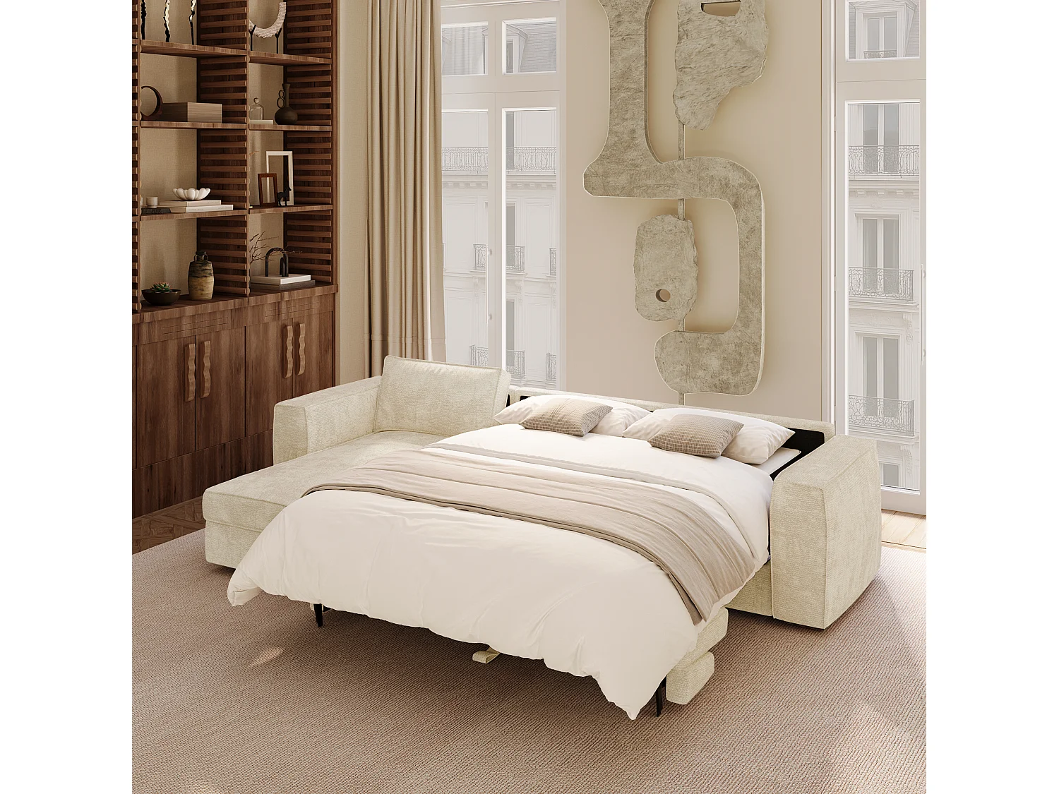 Canapé d'angle gauche convertible 5 places MIKA en tissu tramé toucher doux crème