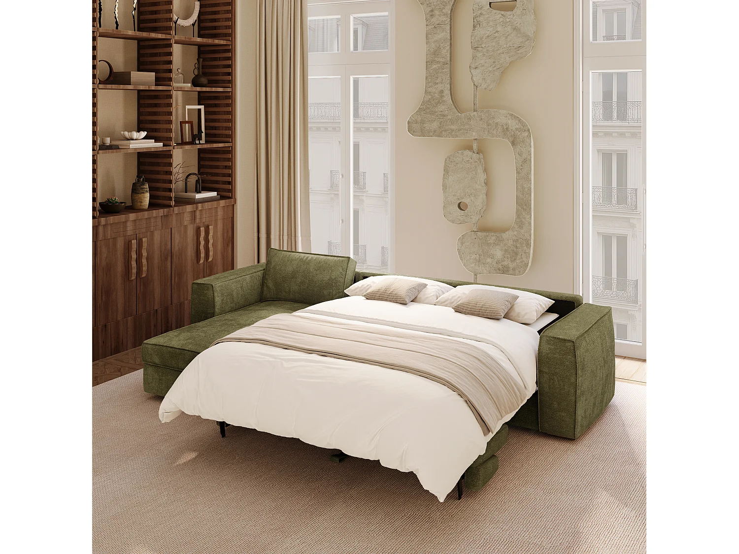 Canapé d'angle gauche convertible 5 places MIKA en tissu tramé toucher doux vert vintage