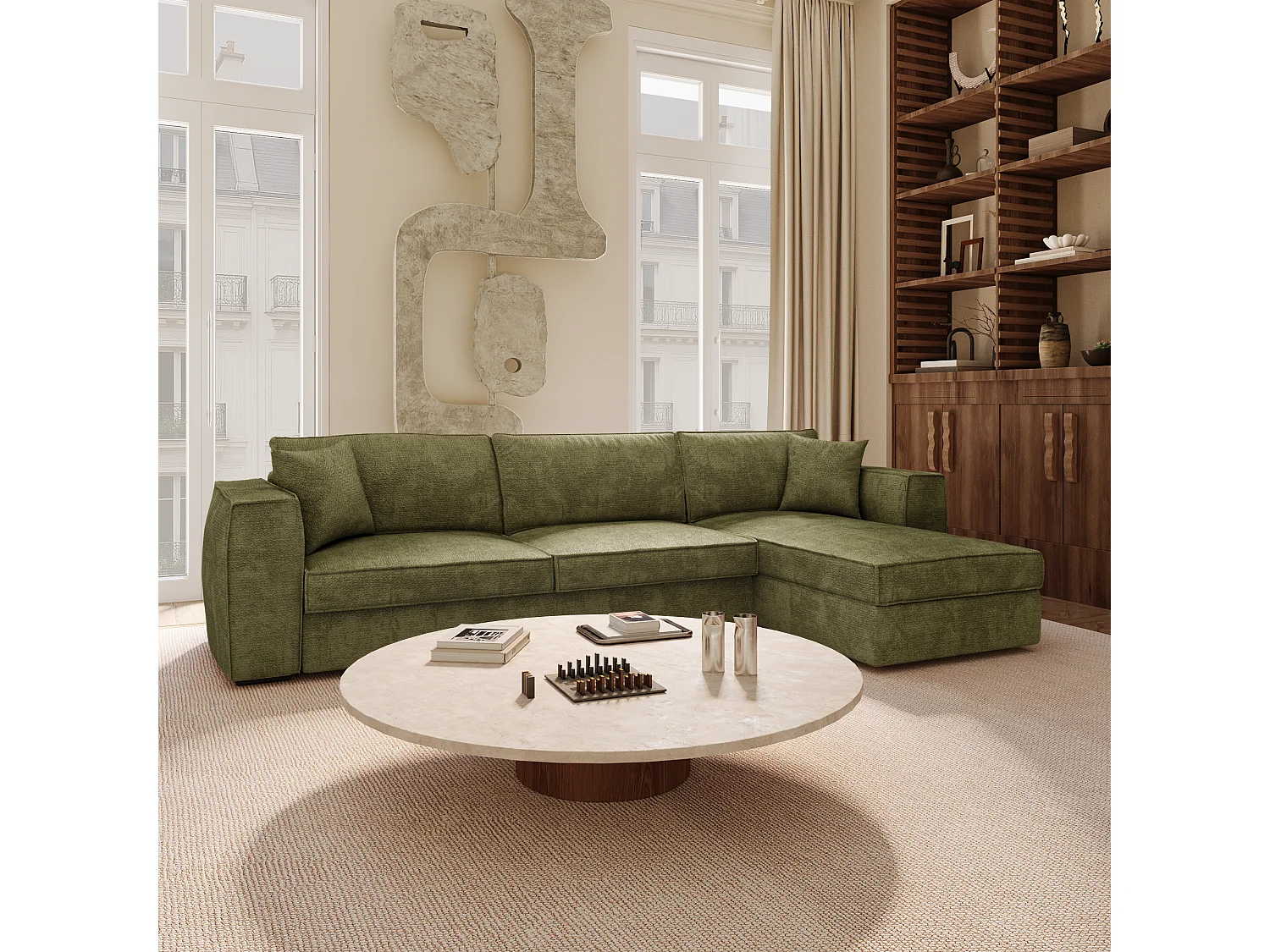 Canapé d'angle droit convertible 5 places MIKA en tissu tramé toucher doux vert vintage