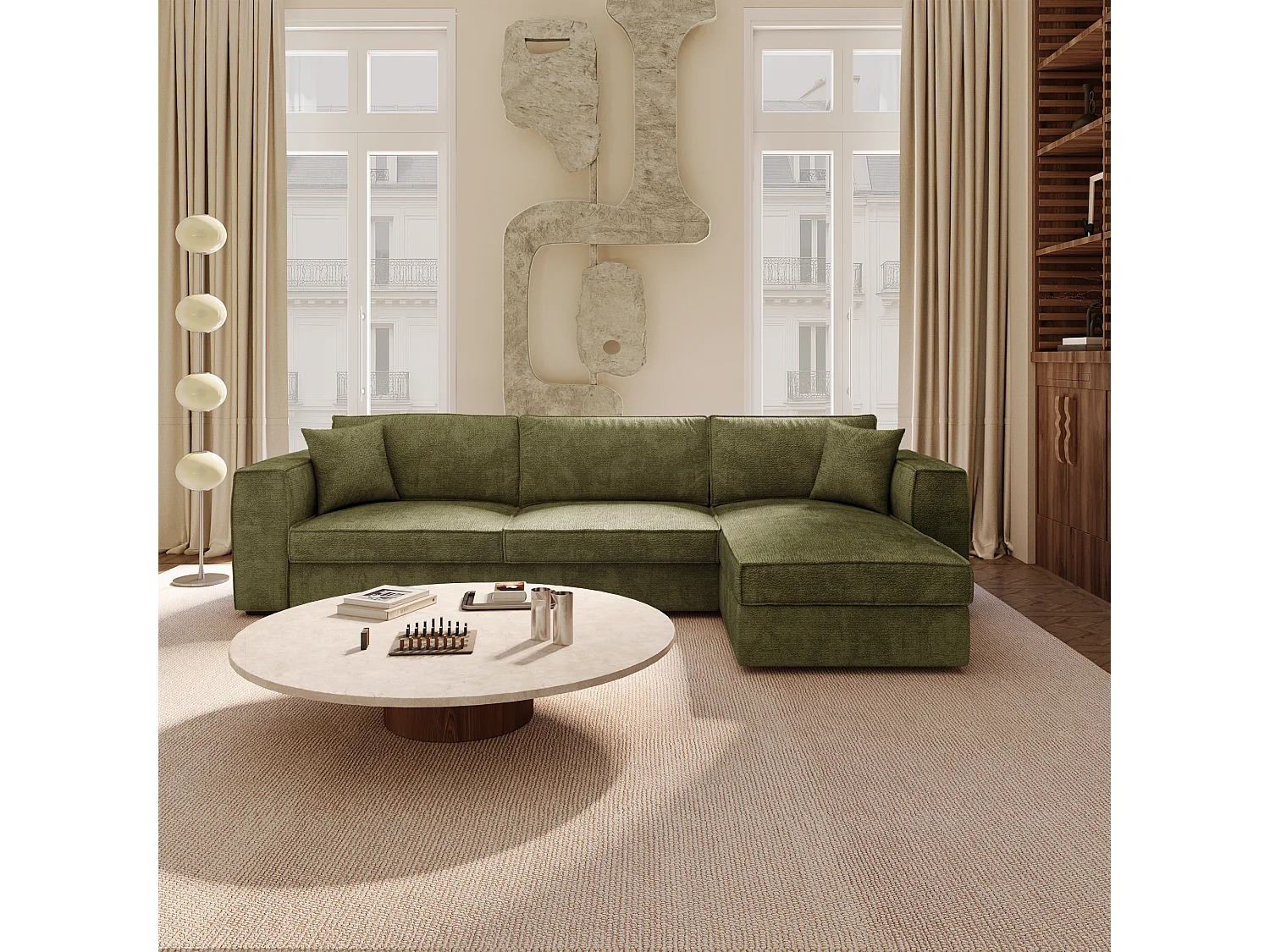 Canapé d'angle droit convertible 5 places MIKA en tissu tramé toucher doux vert vintage