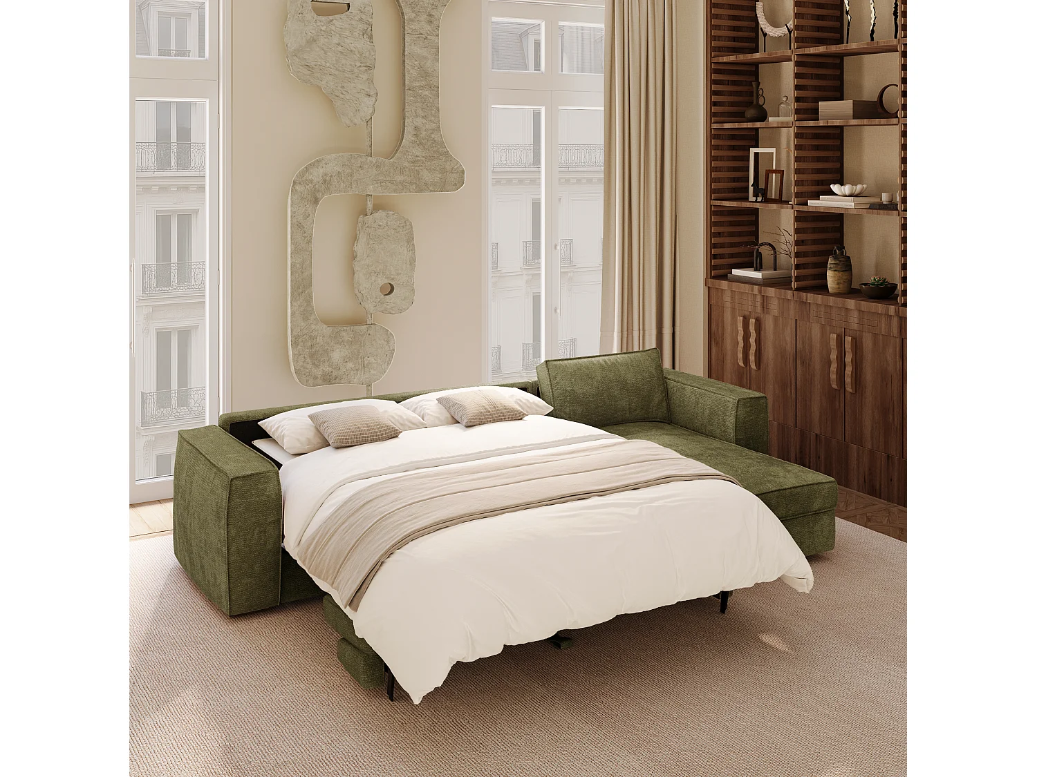 Canapé d'angle droit convertible 5 places MIKA en tissu tramé toucher doux vert vintage