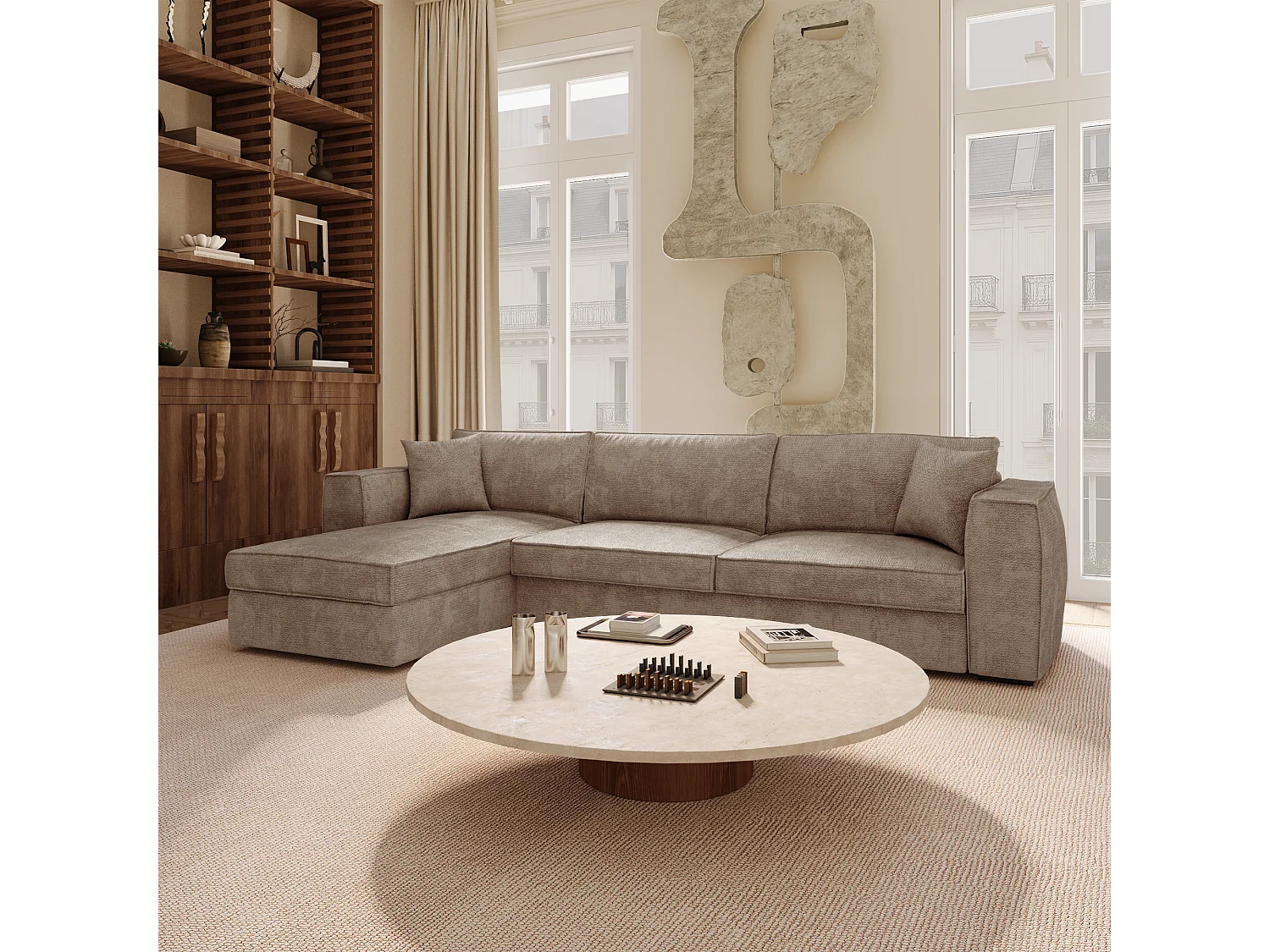 Canapé d'angle gauche convertible 5 places MIKA en tissu tramé toucher doux taupe